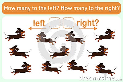 A logic game for kids called Left or right. Spatial orientation with dogs. Training sheet. Vector Illustration